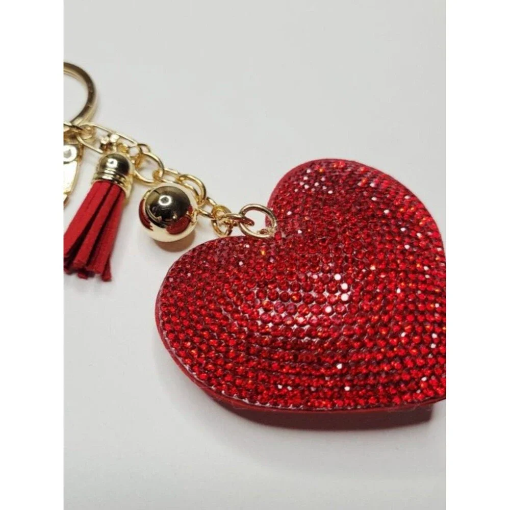 NWT Big Red And Gold Puffy Heart Keychain Bag Charm With Rhinestones And Tassel